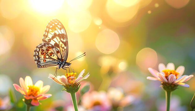 A butterfly perches on a vibrant flower amidst a sunny garden