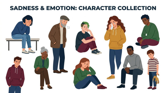 Diverse group of people expressing sadness and various emotions.
