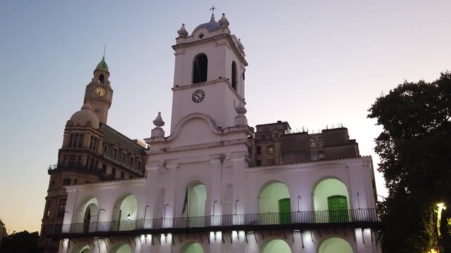 Cabildo Historic Building Clock Tower at Sunset Buenos Aires Downtown Argentina