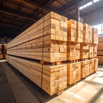 Stack of lumber in warehouse storage.