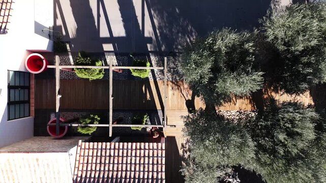 Modern wooden terrace with olive trees and pergola. Aerial drone view of high-end landscape architecture and luxury garden property design.