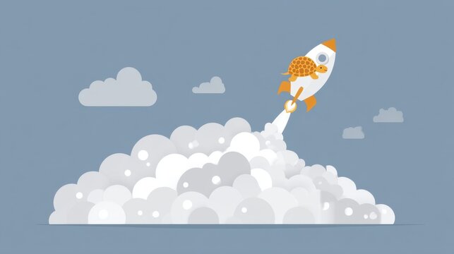 Cartoon rocket launch with turtle character rising through clouds in a whimsical sky background for creative projects