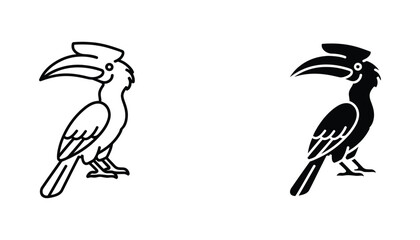 Stylized hornbill bird vector icon set featuring detailed silhouette and outline graphics for wildlife conservation and nature theme design projects isolated on white background © Lumina