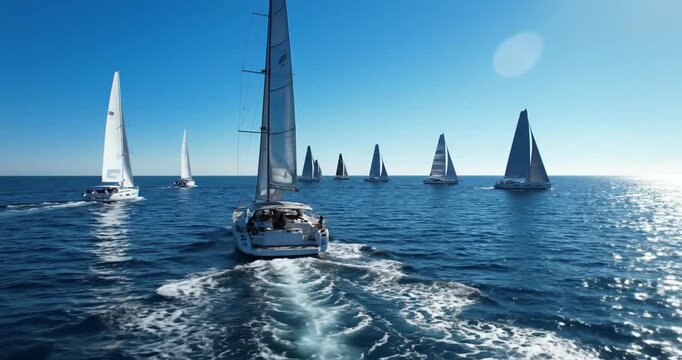 Sailing regatta on a sunny day with multiple yachts racing across the sparkling ocean