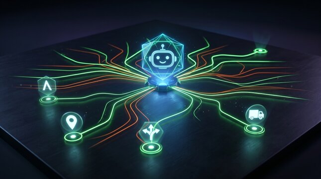Centralized artificial intelligence core managing interconnected digital services, data logistics, and smart automation across a dynamic, advanced technological network