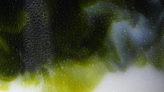 4K stunning macro shot concentrated green tea matcha swirling into fresh milk inside glass with condensation, Marbling effect of matcha latte refreshment healthy beverage trends.