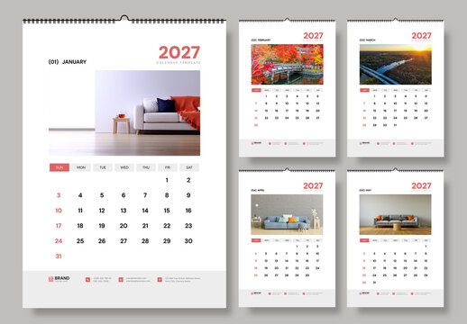 Modern 2027 Wall Calendar Layout with Minimal Lifestyle Photography