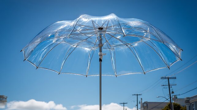 Transparent umbrella against a bright blue sky reflecting clouds and sunlight a unique accessory for protection and style