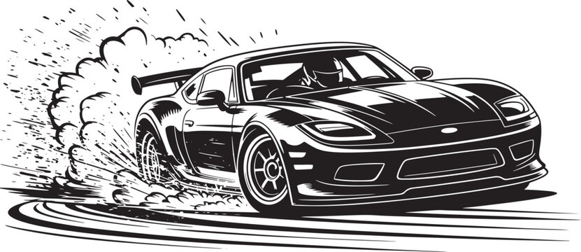 Black and white sports car drifting with smoke on white background