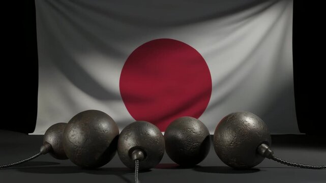 日本国旗と沈む鉄球が象徴する景気低迷の重圧
