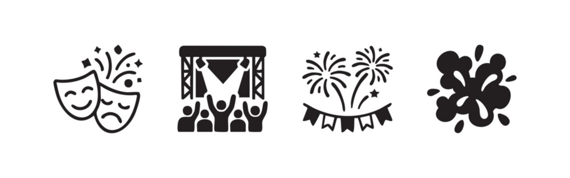 Entertainment and Event Icons Set with Theater Masks Concert and Fireworks Vector
