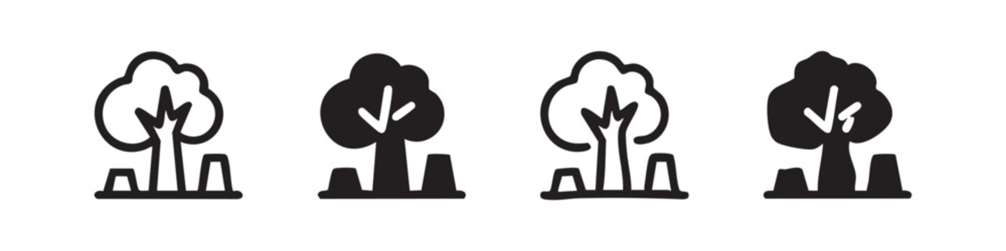 Tree and stumps icon set representing deforestation and nature in four different styles