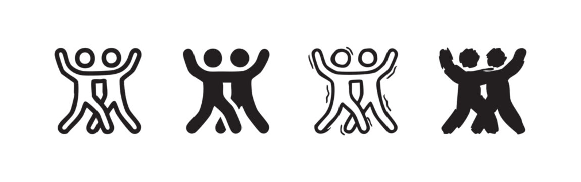 Friendship hug icon set with two people figures in four different artistic styles