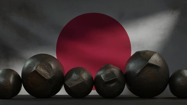日本国旗と沈む鉄球が象徴する景気低迷の重圧