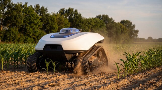 Autonomous agricultural robot navigating crop fields in sunny environment