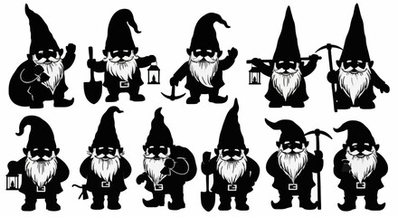 Fototapeta premium Set of vector silhouettes of gnomes, isolated on white background