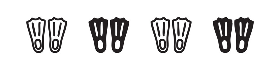 Set of four swim fin icons, two outlined and two solid black, on white background. © liubomir118809