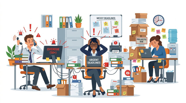 Stressed office workers overwhelmed by workload and deadlines.