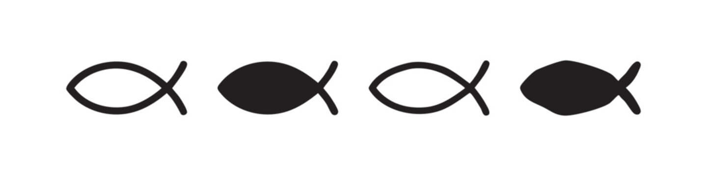 Set of 4 Christian fish icons, in outline and solid fill styles