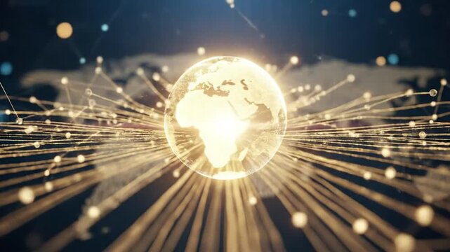 Global Network Connection with Glowing Earth and Data Transmission Lines.