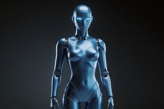 Futuristic female robot with glowing eyes
