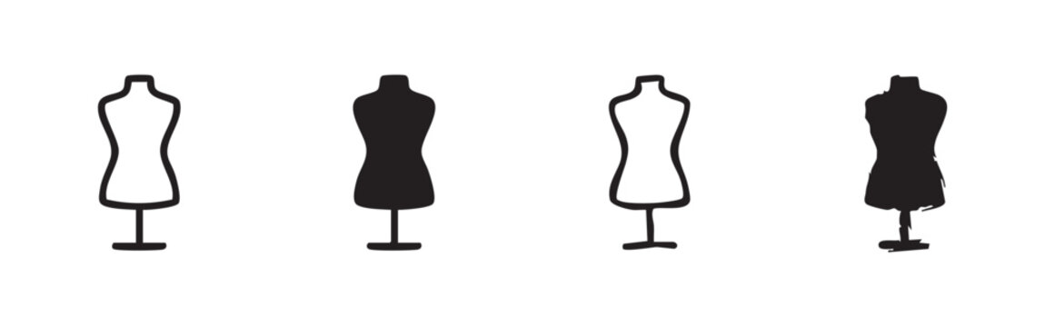 Set of four mannequin or dress form icons, two outlined and two solid black, on a white background