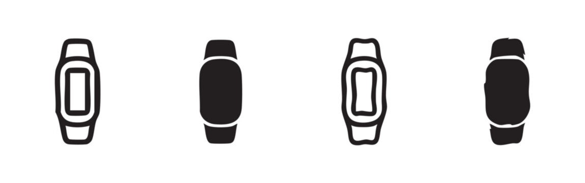 Set of four fitness tracker or smart band icons, two outlined and two solid black, on a white background