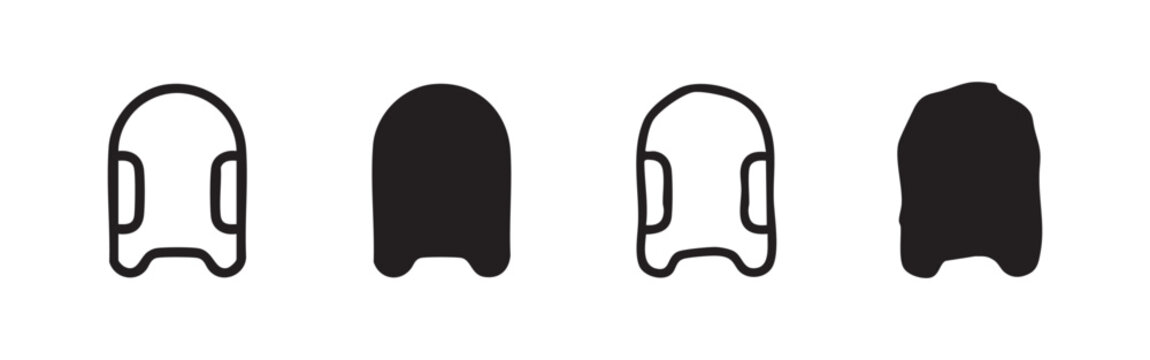 Set of four surfboard or boogie board icons, two outlined and two solid black, on a white background