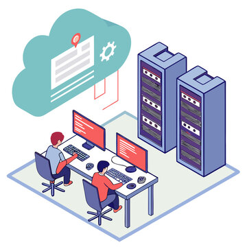 Cloud computing and server room with people information technology information system web hosting cloud storage data management tech support data processing computing technology internet