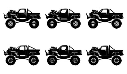 Monster truck icons vector black and white off road 4x4 vehicle set © Nirob