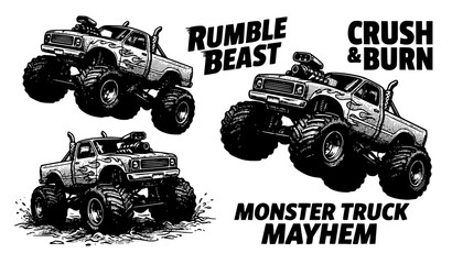 Monster truck icon set black and white off road vehicle vector collection © Nirob