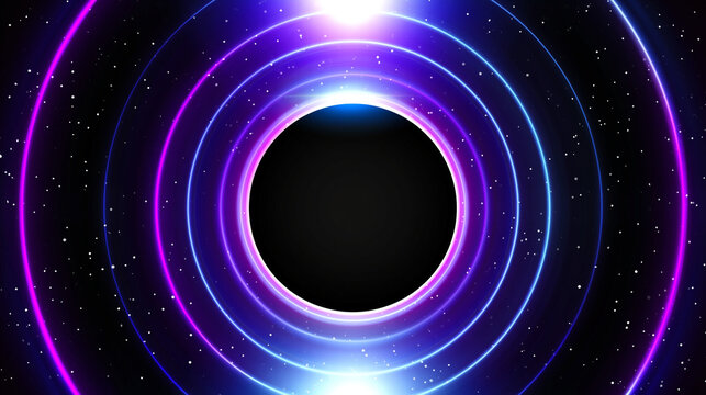 Circular light rings pulse outward from a central black hole within a dense field of distant.