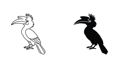 Exotic hornbill bird vector icon set featuring detailed beak and crest design in black solid and outline style for wildlife and nature graphic design projects © Oasis
