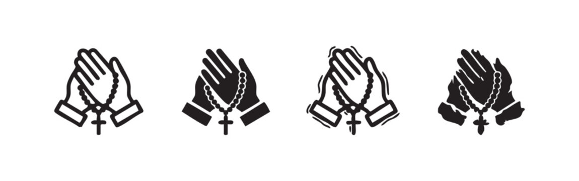 Four black and white icons of praying hands with rosary beads, two outlines and two filled in.