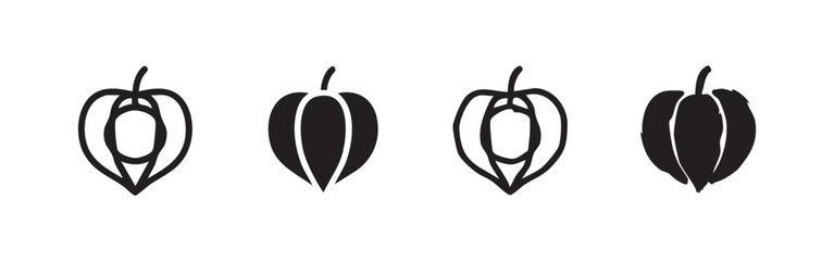 Set of four hand-drawn Chinese lantern fruit icons in black and white. © liubomir118809
