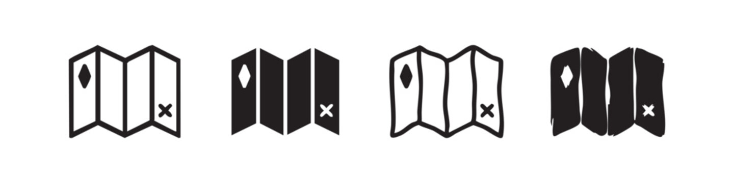 Set of four hand-drawn folded map icons in black and white.