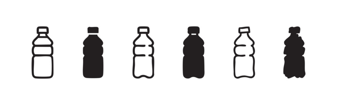 Set of six hand-drawn plastic bottle icons in black and white.