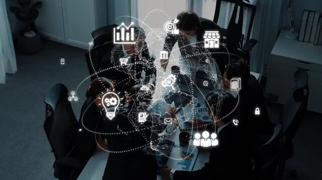 A dynamic business meeting showcases professionals engaged in discussion, with digital concept icons symbolizing innovation and collaboration in a modern office setting. Raster