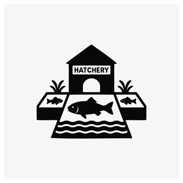 Hatchery building logo with fish, representing aquatic life or aquaculture.