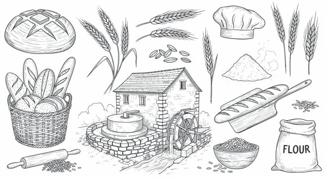 Detailed hand-drawn collection featuring a traditional water mill, artisanal bread, wheat stalks, and flour production elements.
