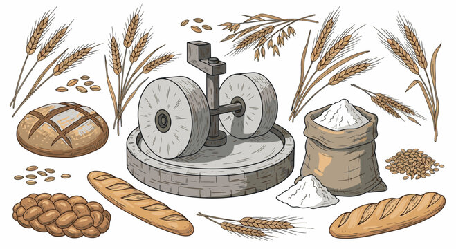 Vintage-style illustrations of a stone mill, organic wheat, fresh bread, and flour sacks, perfect for artisanal bakery branding and rustic agricultural designs.