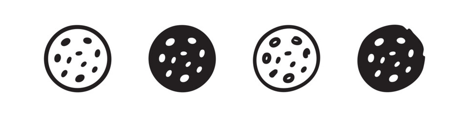 Obraz premium Cookie icons with chocolate chips: outline, filled, and irregular.