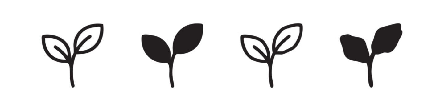 Hand-drawn plant sprout icons: outline, filled, and distressed variations.