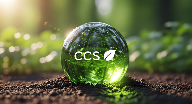 A glowing green sphere with the CCS logo and a leaf symbol rests on dark soil, surrounded by lush green foliage and sunlight.