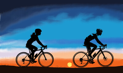 Obraz premium Silhoutte of Young Man and Woman Riding Bicycle.jpg
