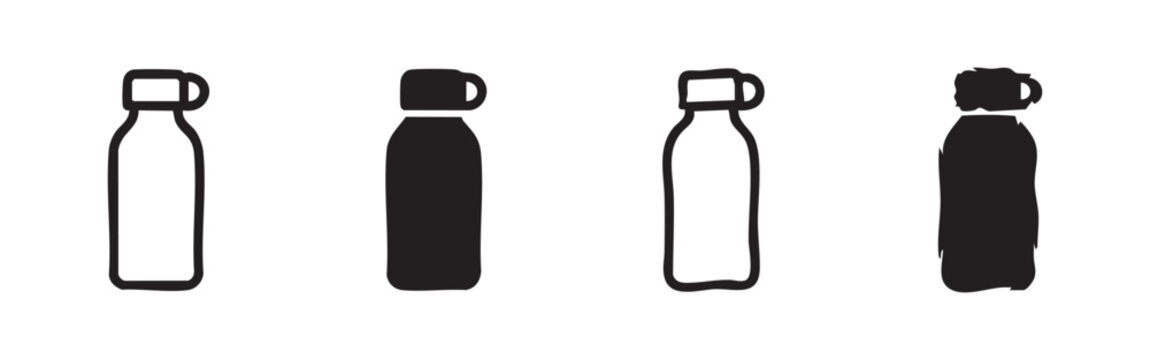 Set of four water bottle icons, outlines and filled silhouettes