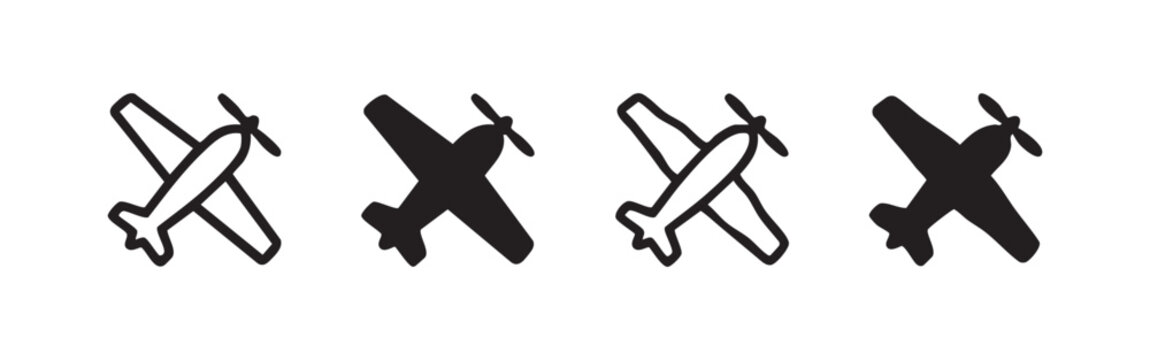 Propeller plane icons set, outline and solid fill, black and white