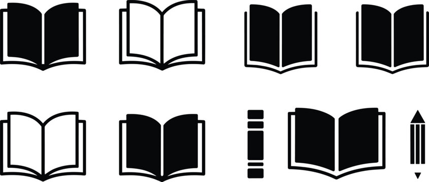 Minimal black open book icon collection for education reading library and digital publishing design applications