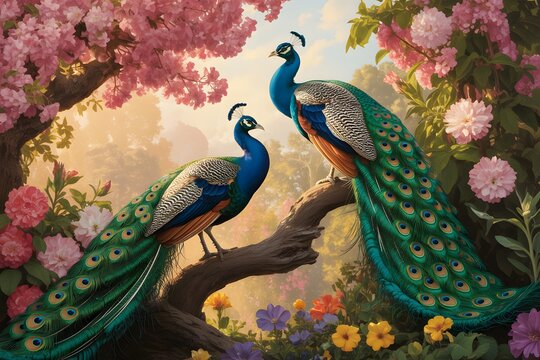 Two peacocks standing on rocky hillside with flowers