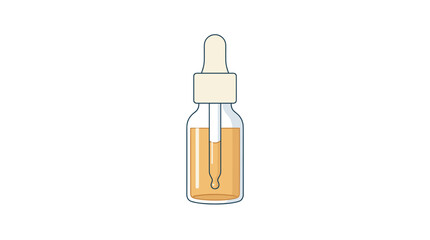 A single glass dropper bottle filled with golden amber liquid stands upright as a clean digital icon set against a stark and solid white studio background. © shipa